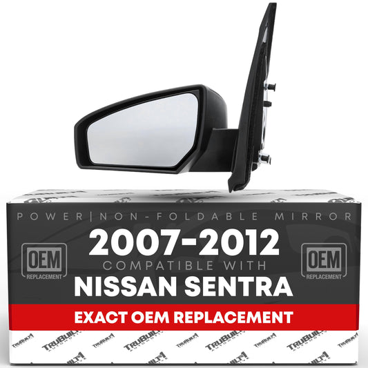 Nissan Sentra Passenger Side Mirror Replacement - Powered Adjustment, Non-Foldable, Convex Glass with English Warning - Black Cover - Passenger Side Mirror