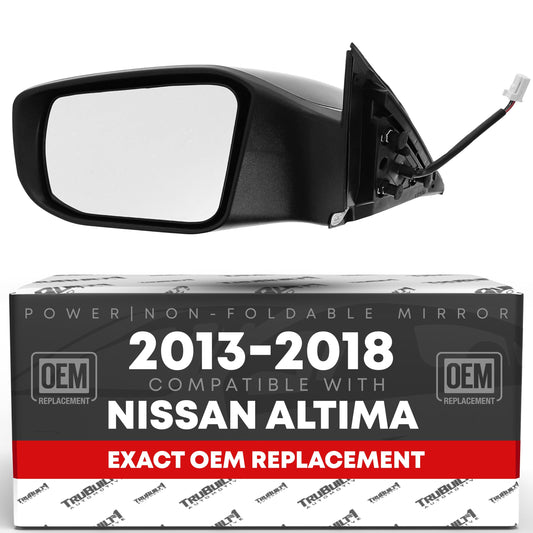 Nissan Altima Sedan Rear View Mirror, Left Driver Side - Power Door Mirror Replacement, Non-Foldable, Flat Glass - Black Cover - Driver Side Mirror