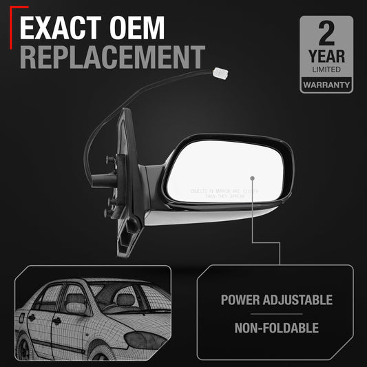 Toyota Corolla Passenger Side Mirror Replacement - Powered Adjustment, Non-Foldable, Convex Glass with English Warning - Black - Passenger Side Mirror