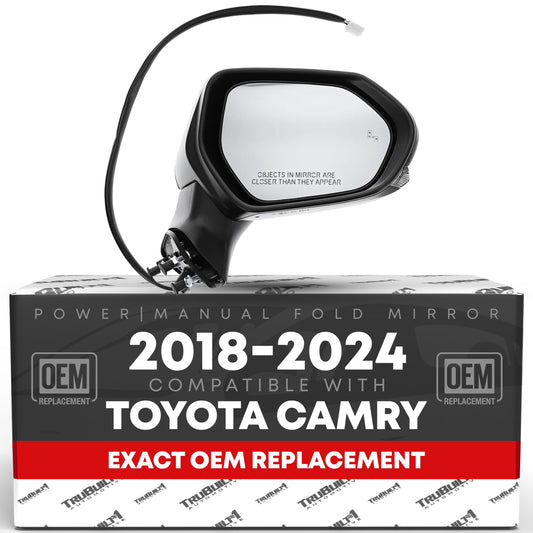 Toyota Camry Driver Side Mirror - Powered Adjustment, Heated, Turn Signal, Blind Spot Detection, Manual Folding, Flat Glass - Black - Driver Side Mirror