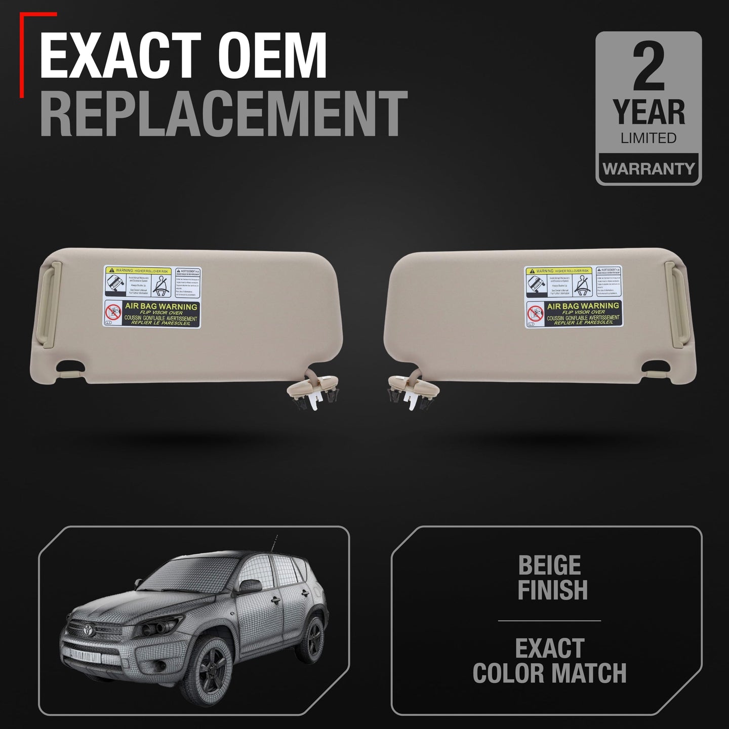 Toyota RAV4 Sun Visor Replacement Set, Left & Right - Beige with Mirror, Interior Shade - Beige,Driver & Passenger