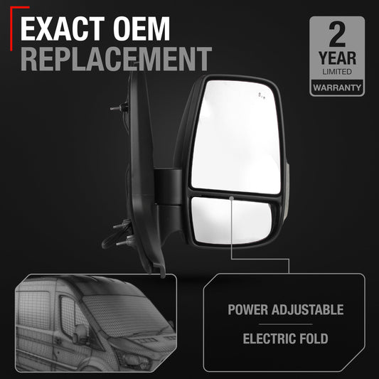 Ford Transit-150, 250, 350, E-Transit Passenger Side Mirror - Short Arm, Heated, Blinker, Blind Spot, Powered Foldable, Flat Glass - Passenger Side Mirror