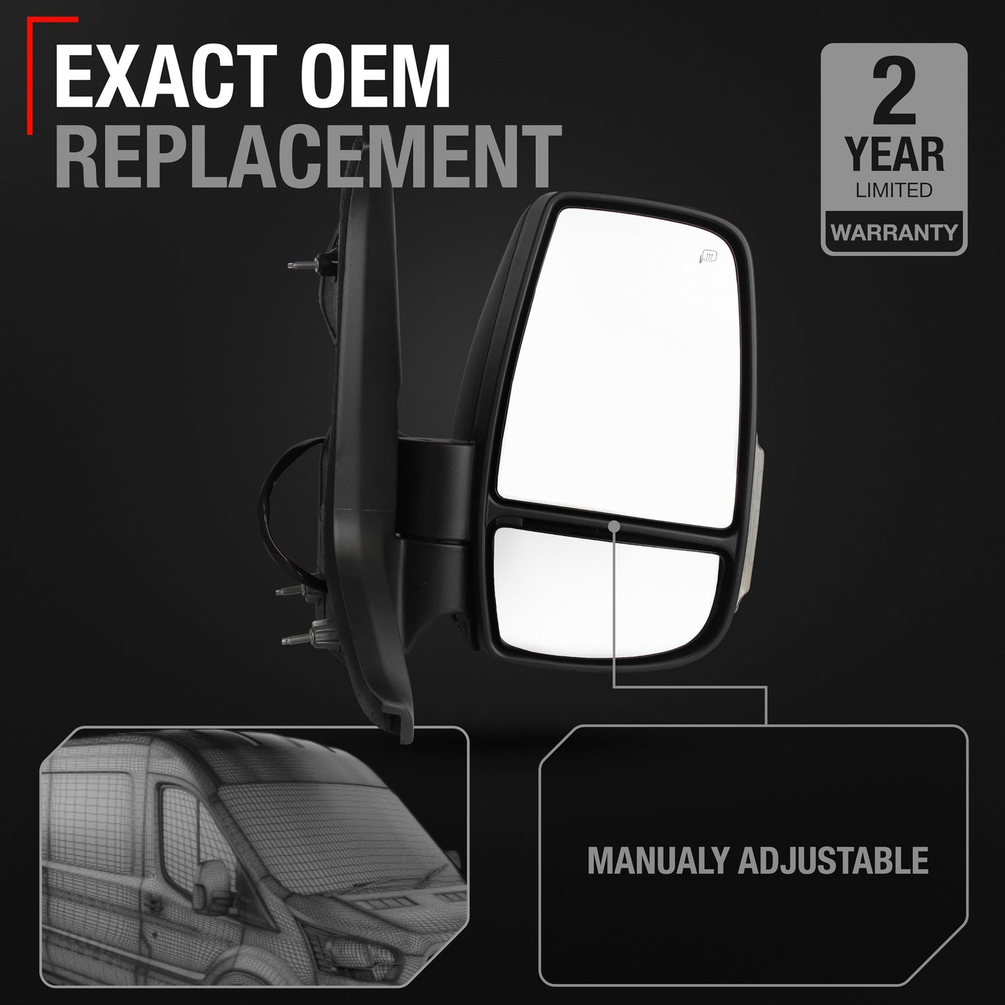 Ford Transit-150 Right Passenger Side Mirror Replacement - Short Arm, Manual Folding, Textured Black Cover - Passenger Side Mirror