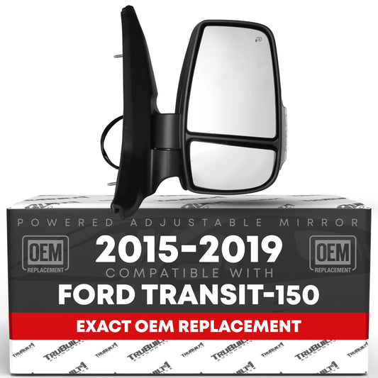 Ford Transit-150, 250, 350 HD Passenger Side Mirror Replacement - Short Arm, Blinker, Powered Adjustment, Heated, Flat Glass - Black - Passenger Side Mirror