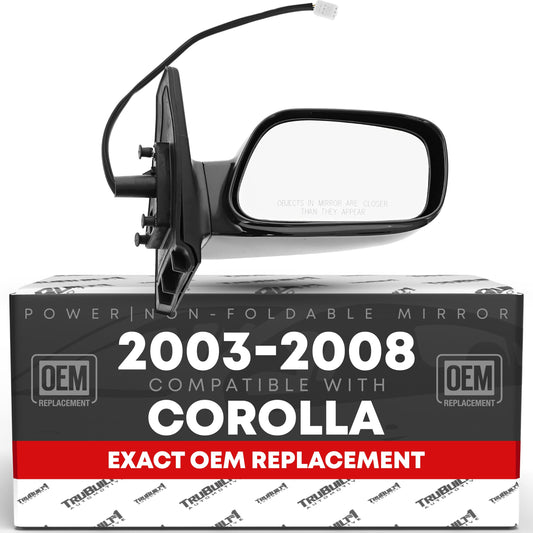 Toyota Corolla Passenger Side Mirror Replacement - Powered Adjustment, Non-Foldable, Convex Glass with English Warning - Black - Passenger Side Mirror