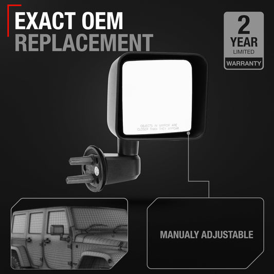 Jeep Wrangler Passenger Side Mirror - Manual Folding, Convex Glass with English Warning - Textured Black Cover - Passenger Side Mirror