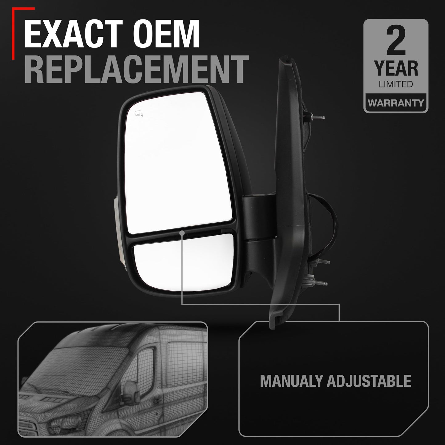 Ford Transit-150, 250, 350, 350 HD Driver Side Mirror Replacement - Short Arm, Manual Folding, Flat Glass - Textured Black - Driver Side Mirror