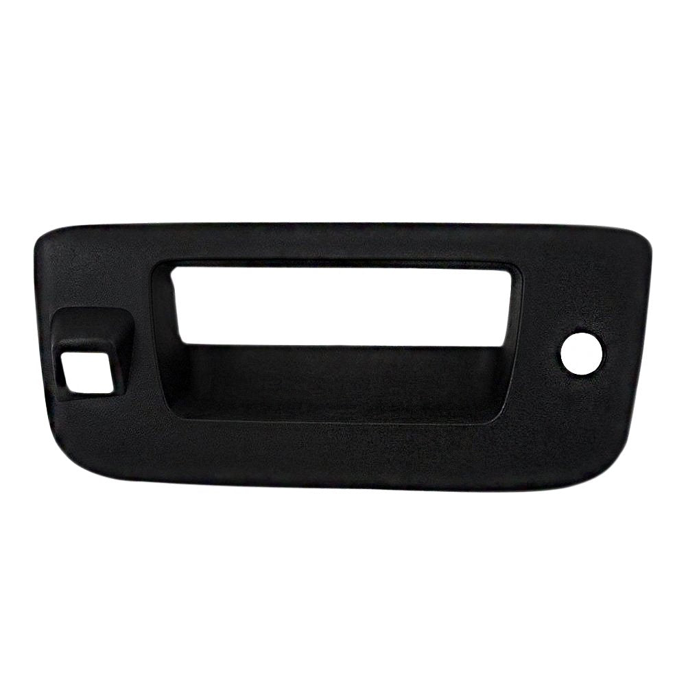 Tailgate Handle Bezel Replacement - Compatible with 2009-2014 Cheverolet Silverado; 09-14 GMC Sierra 1500 2500 3500 - Textured Black, Plastic w/ Key Hole, Camera Hole - OEM 22755304, 82777