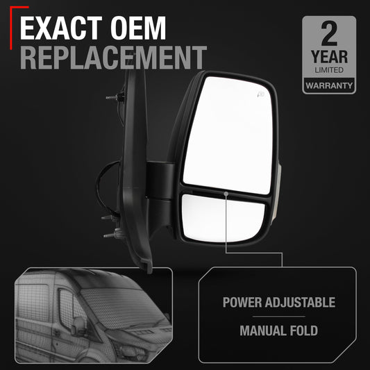 Ford Transit-150, 250, 350 HD Passenger Side Mirror Replacement - Short Arm, Power Adjustment, Flat Glass - Passenger Side Mirror