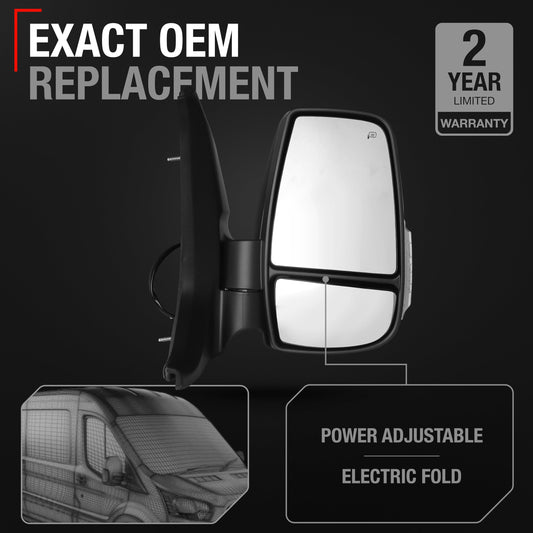 Ford Transit-150 Right Passenger Side Mirror - Short Arm, Heated, Blinker, Power Electric Adjustment, Textured Black - Passenger Side Mirror