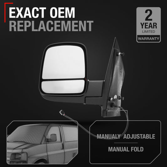 Chevrolet Express, GMC Savana Power Left Side Mirror Replacement - Heated, Manual Folding, Dual Glass - Textured Black - Driver Side Mirror