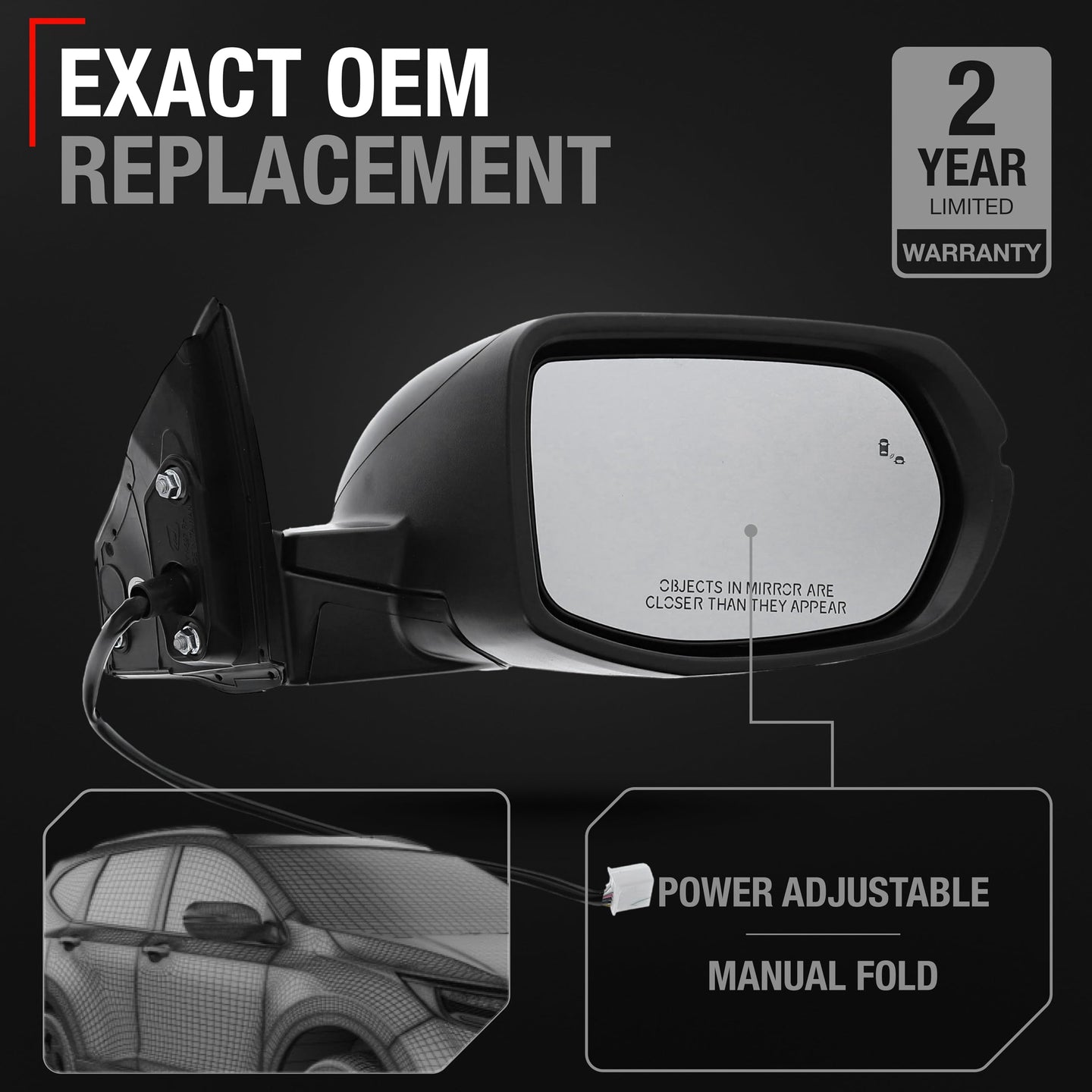 Honda CR-V Passenger Side Mirror - Powered Adjustment, Manual Folding, Heated, Turn Signal, Blind Spot Detection, Convex Glass - Smooth Black - Passenger Side Mirror