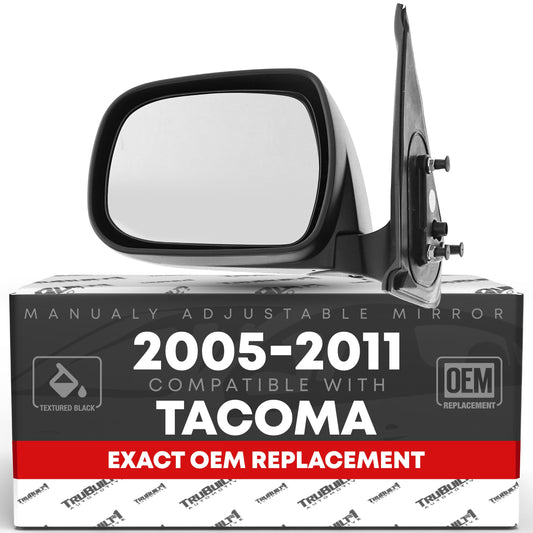 Toyota Tacoma Driver Side Mirror Replacement - Manual Folding, Flat Glass with English Warning - Textured Black Cover - Driver Side Mirror