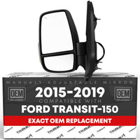 Ford Transit-150, 250, 350, 350 HD Driver Side Mirror Replacement - Short Arm, Manual Folding, Flat Glass - Textured Black - Driver Side Mirror