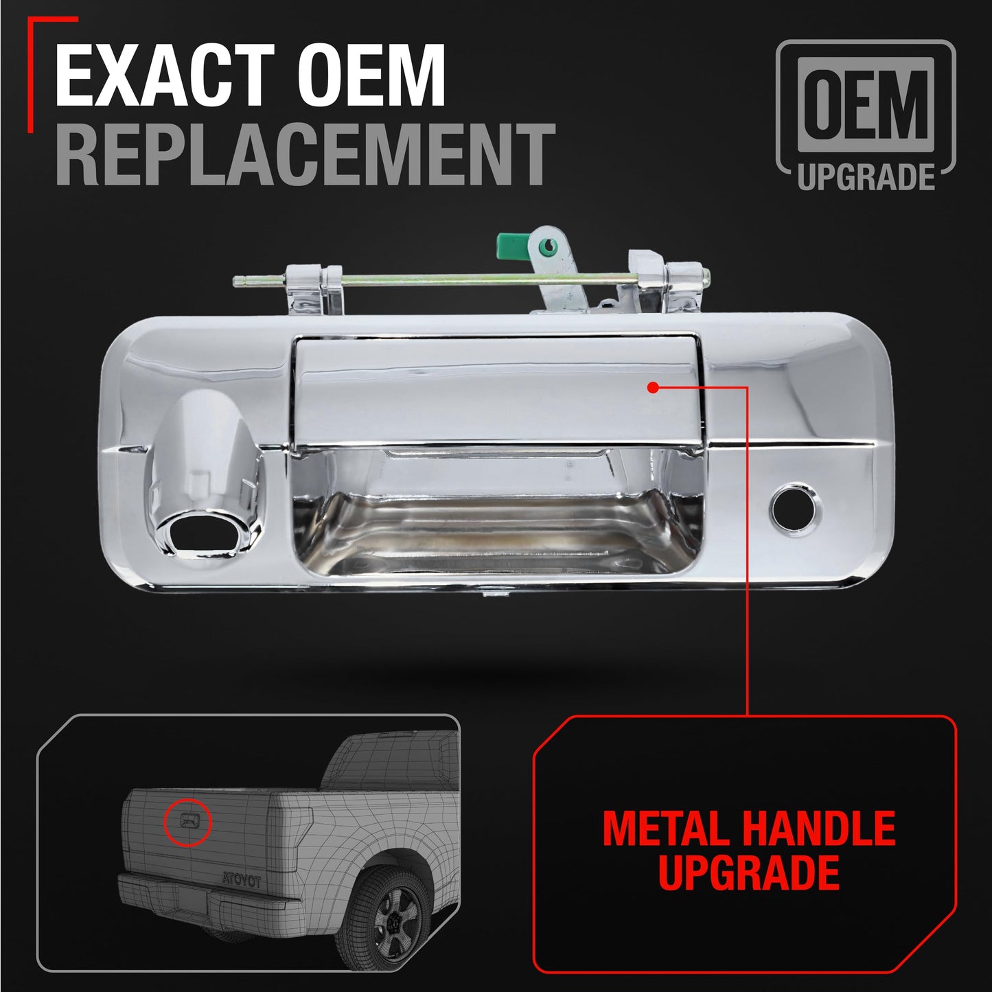 Toyota Tundra Tailgate Handle Latch Upgraded Metal, Plastic Housing - Exterior Assembly, All Chrome w/ Keyhole, Camera Hole