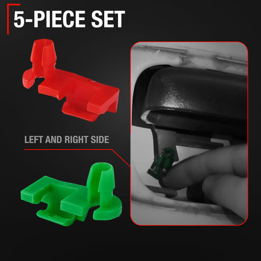 Tailgate Handle Rod Clip Set, 2 piece Left & Right - Compatible with 1999-2006 Chevrolet Silverado 1500 2500 3500, 99-06 GMC Sierra 1500 2500 3500 - Red, Green - Plastic - OEM 88981030, 88981031