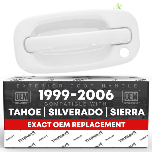 Exterior Door Handle, Front Driver Door - Compatible with 1999-2006 Chevrolet Silverado, 00-06 Suburban, 00-06 Tahoe; 1999-2006 GMC Sierra, 00-06 GMC Yukon - Olympic White, 15150736-GAZ, 80597