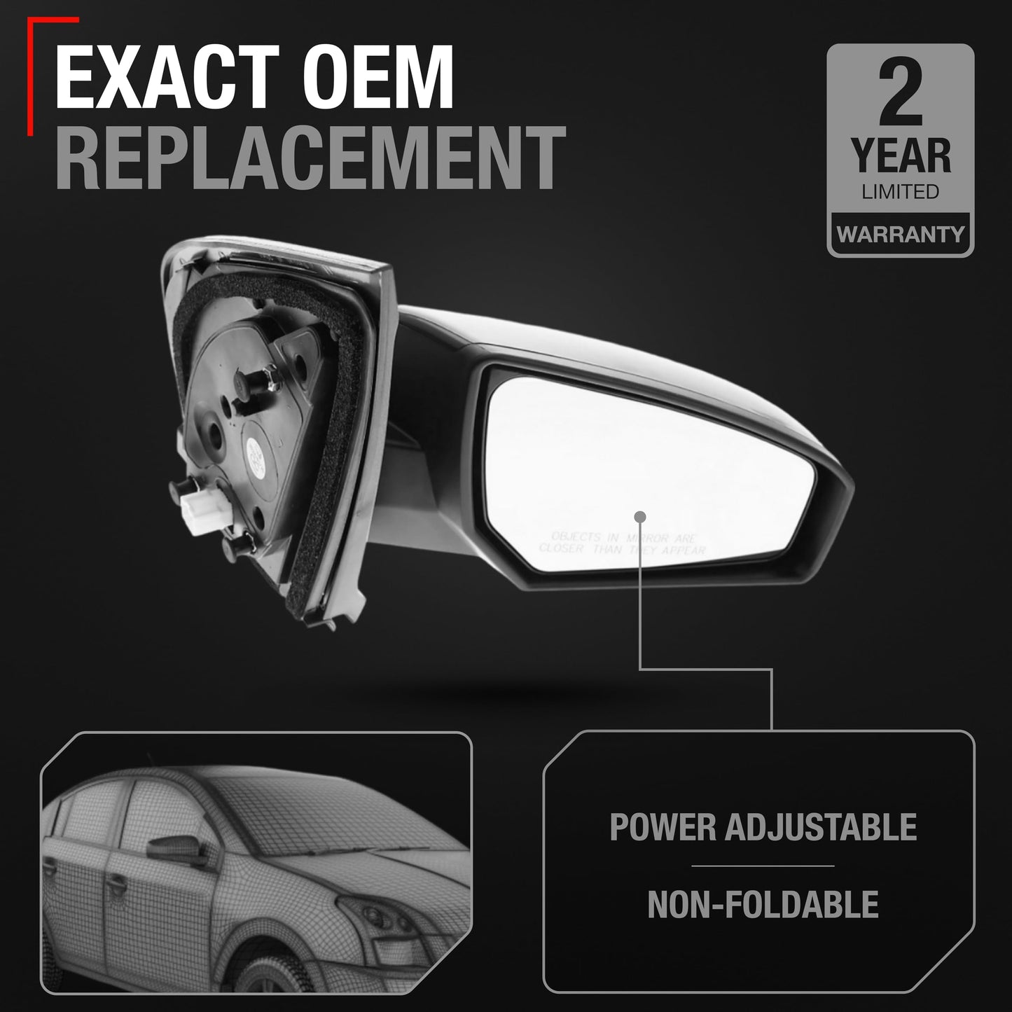 Passenger Side Mirror Replacement - Compatible with 2007-2012 Nissan Sentra - Powered Adjustment, Non-Foldable, Convex Glass with English Warning - Black Cover, 8H3P - OEM 96301ET01E, NI1321167