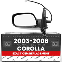 Driver Side Mirror Replacement - Compatible with 2003-2008 Toyota Corolla - Power Adjustment, Non-Foldable, Flat Glass with English Warning - Black, 3H3P - OEM 8794002380, TO1320178, TO1320179