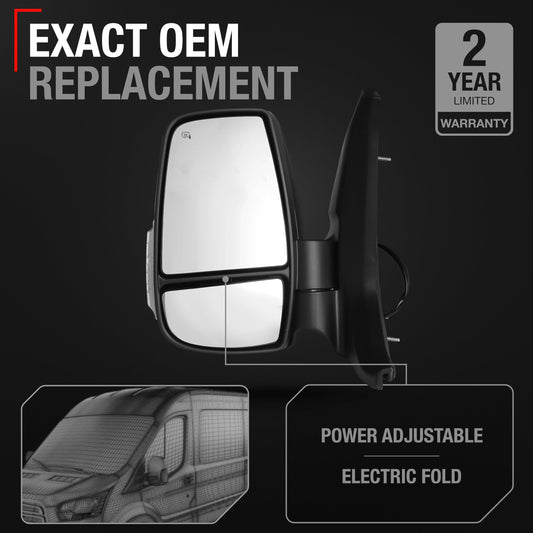 Driver Side Mirror Compatible with 2018-2019 Ford Transit-150, 250, 350 HD - Short Arm, Heated Mirror, Blinker, Powered Adjustment, Foldable Manually, Flat Glass - Textured, 8H8P - OEM JK4Z17683AB