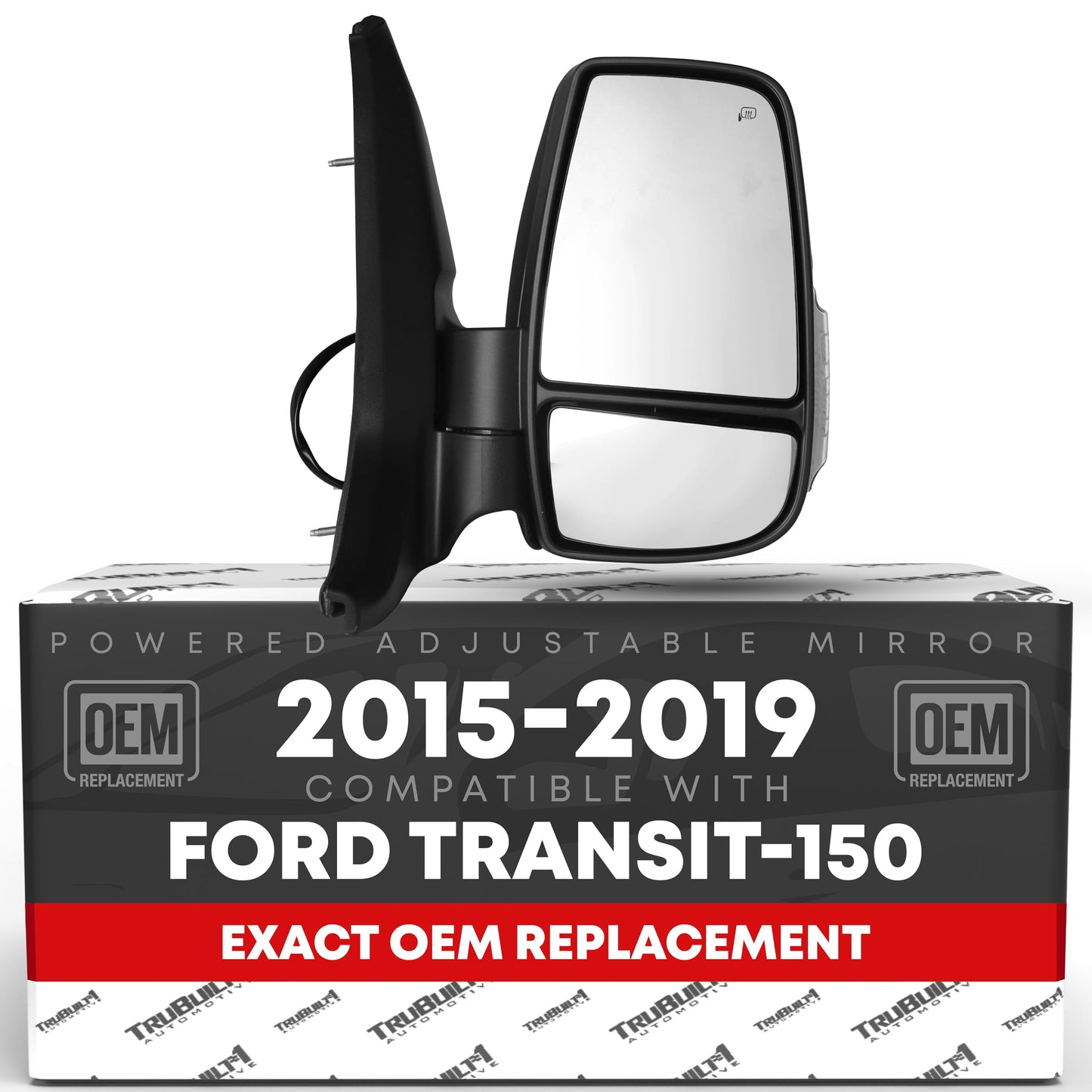 Passenger Side Mirror Replacement - Compatible with 2015-2019 Ford Transit-150, 250, 350 HD- Short Arm, Blinker, Powered Adjustment, Heated, Flat Glass - Black, 6H6P - OEM CK4Z17682-CA, CK4Z-17682-CB