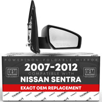 Passenger Side Mirror Replacement - Compatible with 2007-2012 Nissan Sentra - Powered Adjustment, Non-Foldable, Convex Glass with English Warning - Black Cover, 8H3P - OEM 96301ET01E, NI1321167