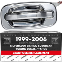 Exterior Rear Driver Door Handle Replacement - Compatible with 1999-2006 Chevrolet Silverado, Cadillac, GMC Sierra; 2000-2006 Suburban, Yukon, Denali, Tahoe - All Chrome - OEM 15721571, 91132