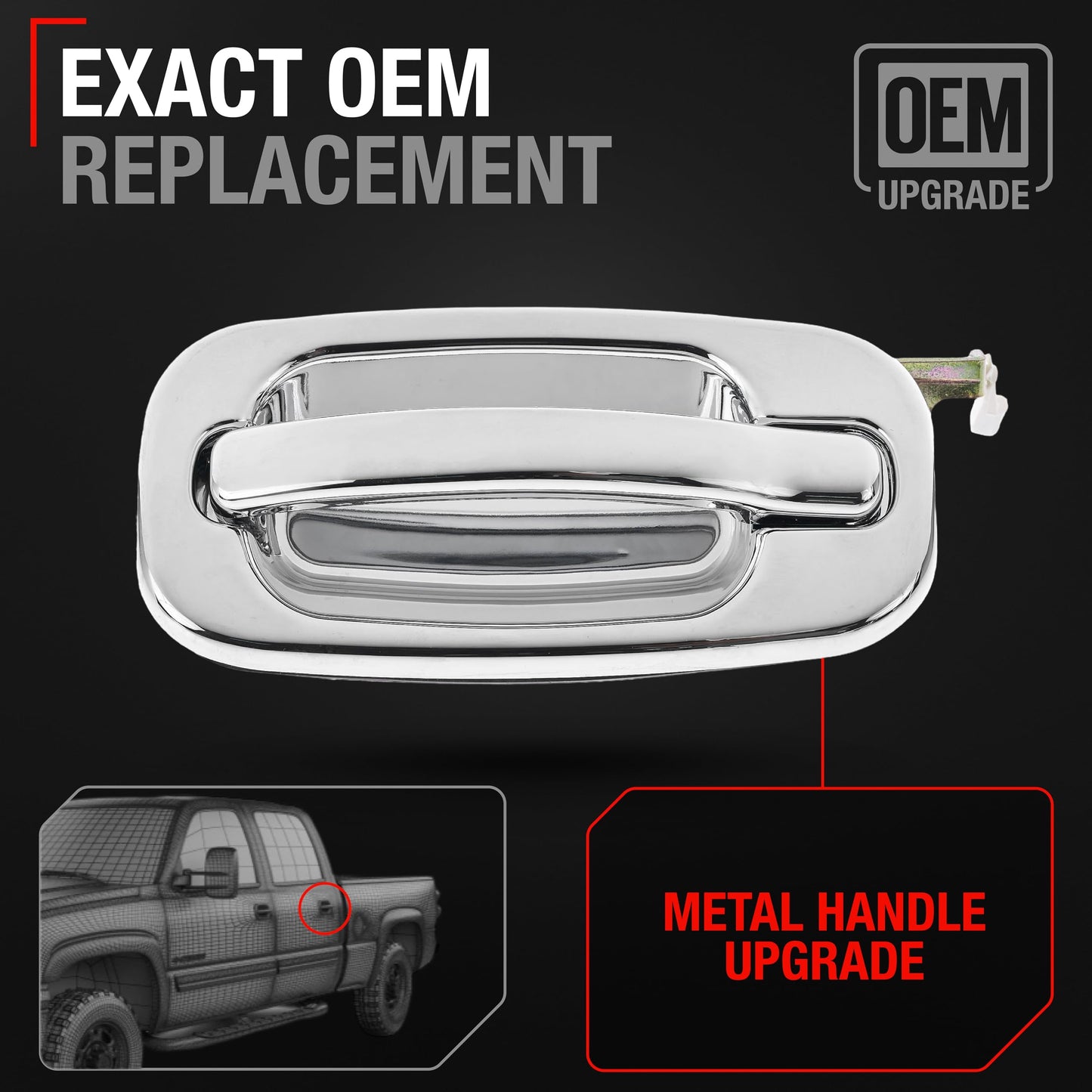 Exterior Rear Driver Door Handle, Upgraded Metal - Compatible with 1999-2006 Chevrolet Silverado, Suburban, Tahoe, Avalanche; 99-06 GMC Sierra, Yukon - All Chrome - OEM 15721571, 91132