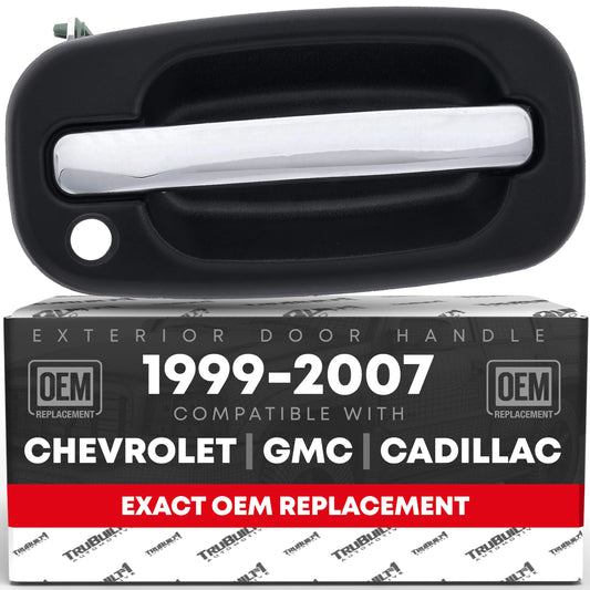 Exterior Front Passenger Door Handle - Compatible with 1999-2006 Chevrolet Silverado, Suburban, Tahoe, Avalanche; 99-06 GMC Sierra, Yukon; 99-06 Cadillac Escalade - Chrome, Black - OEM 15745148, 80549