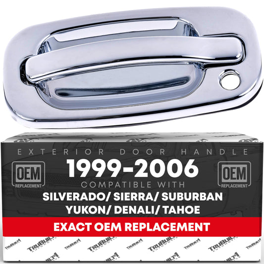 Exterior Front Driver Door Handle - Compatible with 1999-2006 Chevrolet Silverado, 02-06 Avalanche; 99-06 GMC Sierra, 02-06 GMC Yukon, 99-06 Cadillac Escalade - All Chrome - OEM 15034985, 91130