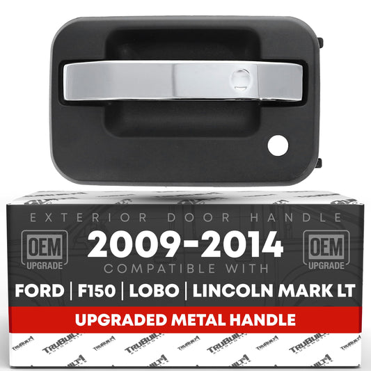 Exterior Front Driver Door Handle, Upgraded Metal - Compatible with 2009-2014 Ford F-150, 09-14 Ford Lobo, 10-14 Lincoln Mark LT - Chrome, Black w/ Keyhole - OEM CL3Z-1522405-BA-HCHMT, 97674