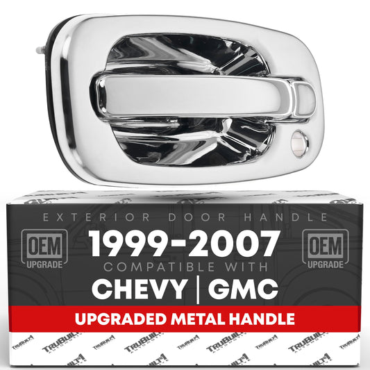 Exterior Front Driver Door Handle, Upgraded Metal - Compatible with 1999-2006 Chevrolet Silverado, Suburban, Tahoe, Avalanche; 99-06 GMC Sierra, Yukon - All Chrome - OEM 15034985, 91130