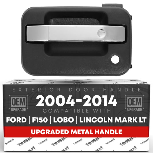 Exterior Front Driver Door Handle, Upgraded Metal - Compatible with 2004-2014 Ford F-150, 04-14 Ford Lobo, 04-14 Lincoln Mark LT - Chrome, Black w/ Keyhole - OEM 9L3Z-1522405-BB-HCHMT