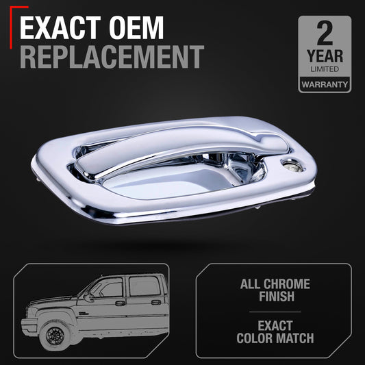 Exterior Front Driver Door Handle - Compatible with 1999-2006 Chevrolet Silverado, 02-06 Avalanche; 99-06 GMC Sierra, 02-06 GMC Yukon, 99-06 Cadillac Escalade - All Chrome - OEM 15034985, 91130