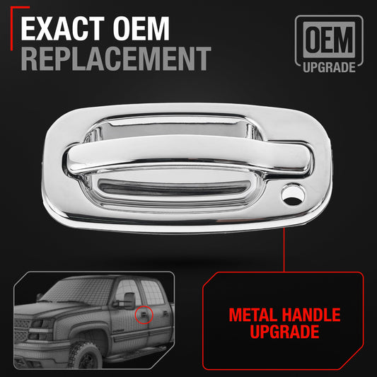 Exterior Front Driver Door Handle, Upgraded Metal - Compatible with 1999-2006 Chevrolet Silverado, Suburban, Tahoe, Avalanche; 99-06 GMC Sierra, Yukon - All Chrome - OEM 15034985, 91130