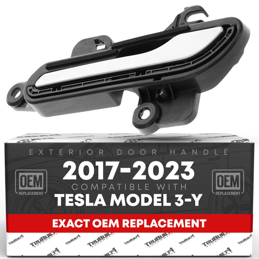 TRUBUILT1 AUTOMOTIVE Exterior Door Handle, Front/Rear Left Side - Compatible with 2017-2022 Tesla Model 3, 2020-2023 Model Y - Painted Silver - OEM 1081831-00-J, 1528114-00-B, 15757