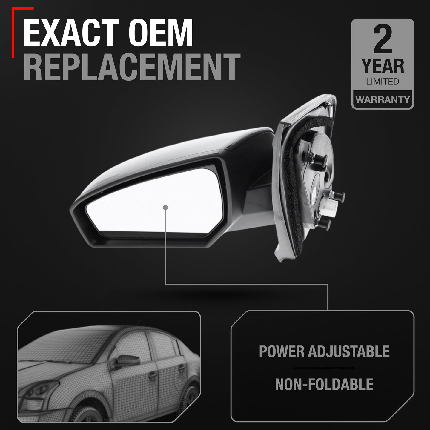 Nissan Sentra Passenger Side Mirror Replacement - Powered Adjustment, Non-Foldable, Convex Glass with English Warning - Black Cover - Passenger Side Mirror