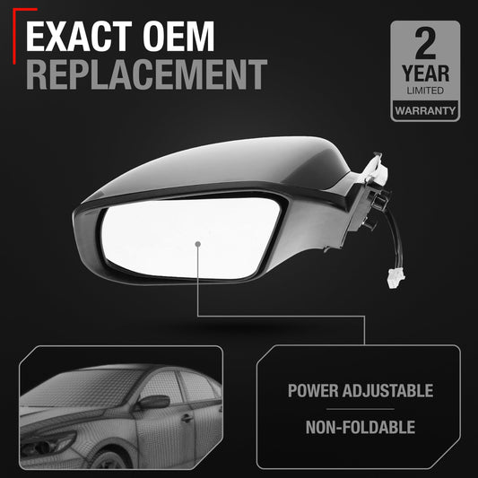 Nissan Altima Sedan Rear View Mirror, Left Driver Side - Power Door Mirror Replacement, Non-Foldable, Flat Glass - Black Cover - Driver Side Mirror