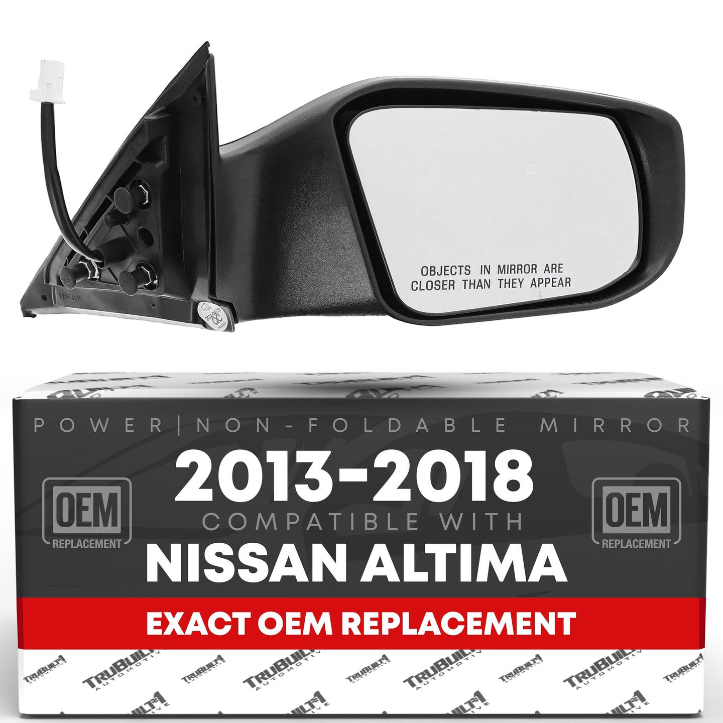 Nissan Altima Rear View Mirror, Right Passenger Side - Power Door Mirror, Non-Foldable, Convex Glass - Black Cover - Passenger Side Mirror