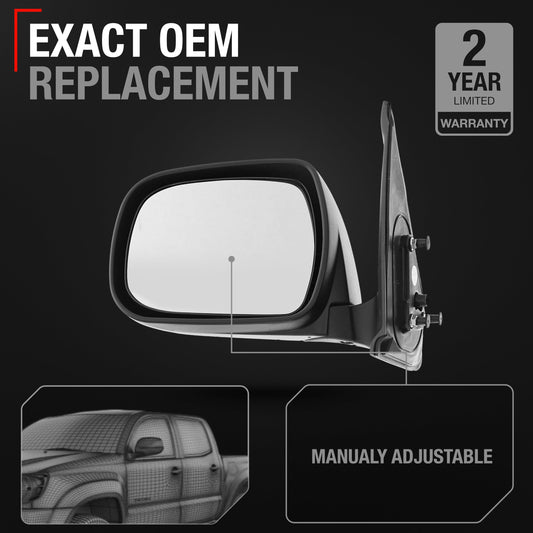 Toyota Tacoma Driver Side Mirror Replacement - Manual Folding, Flat Glass with English Warning - Textured Black Cover - Driver Side Mirror