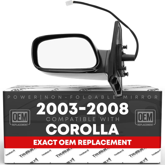 Toyota Corolla Driver Side Mirror Replacement - Power Adjustment, Non-Foldable, Flat Glass with English Warning - Black - Driver Side Mirror