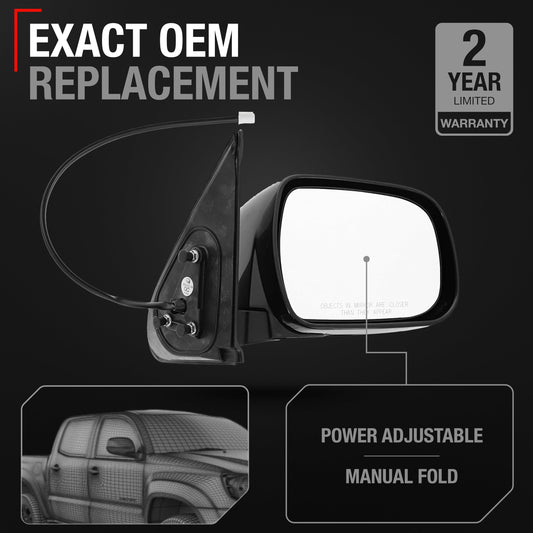 Toyota Tacoma Passenger Side Mirror - Powered Adjustment, Manual Folding, Convex Glass - Smooth Black Cover - Passenger Side Mirror