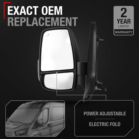 Ford Transit-150, 250, 350, E-Transit Driver Side Mirror Replacement - Short Arm, Heated, Blinker, Blind Spot, Powered Foldable, Flat Glass - Driver Side Mirror